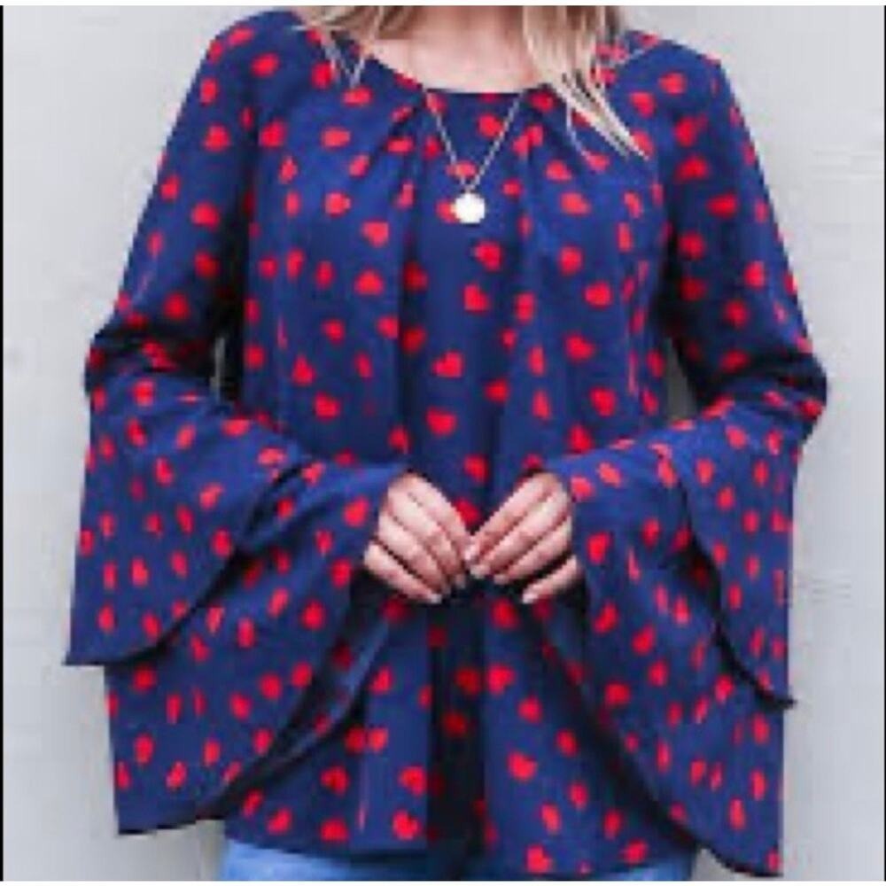 And The Why Size M Blouse Navy‎ Red Hearts Long Double Bell Sleeve Top Valentine